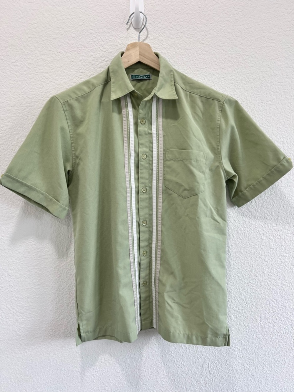 Cubavera Short-Sleeve Button-Front Shirt Light Olive White Trim Guayabera Small
